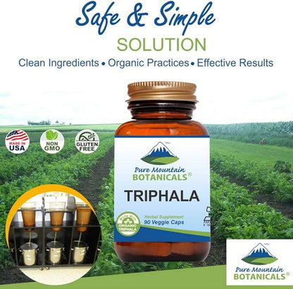 Pure Mountain Botanicals Triphala Capsules 90 Kosher Vegan Caps Now with 500mg Organic Blend of Amla Indian Fruit