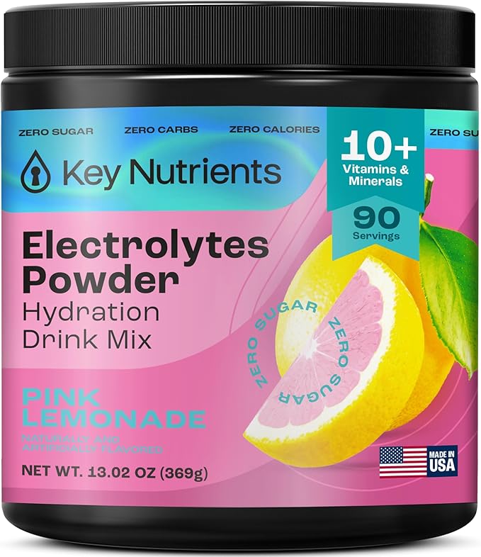 KEY NUTRIENTS Multivitamin Electrolytes Powder No Sugar - Fresh Pink Lemonade Electrolyte Powder - Endurance & Energy Supplement - Hydration Powder - No Calories - 90 Servings - Made in USA