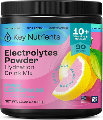KEY NUTRIENTS Multivitamin Electrolytes Powder No Sugar - Fresh Pink Lemonade Electrolyte Powder - Endurance & Energy Supplement - Hydration Powder - No Calories - 90 Servings - Made in USA