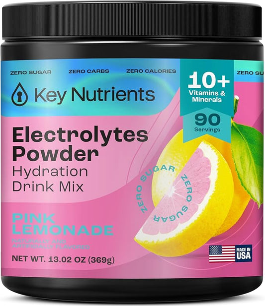 KEY NUTRIENTS Multivitamin Electrolytes Powder No Sugar - Fresh Pink Lemonade Electrolyte Powder - Endurance & Energy Supplement - Hydration Powder - No Calories - 90 Servings - Made in USA
