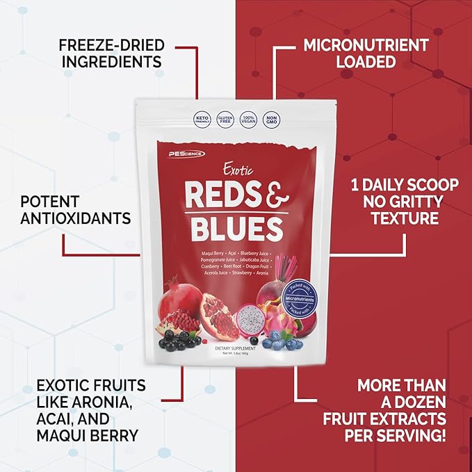 PEScience Reds & Blues Superfoods Powder, 30 Servings, Myo-Inositol Supplement, Beet Root Powder, Pomegranate and Acai Extract, Freeze-Dried Antioxidant Fruit Blend
