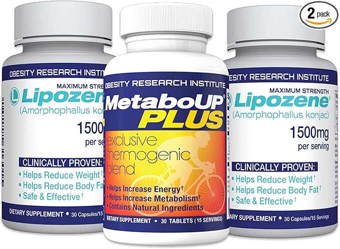 Lipozene Weight Loss Pills 2 Bottles with 30 Capsules Each Along with a 30 Count Bottle MetaboUp Plus