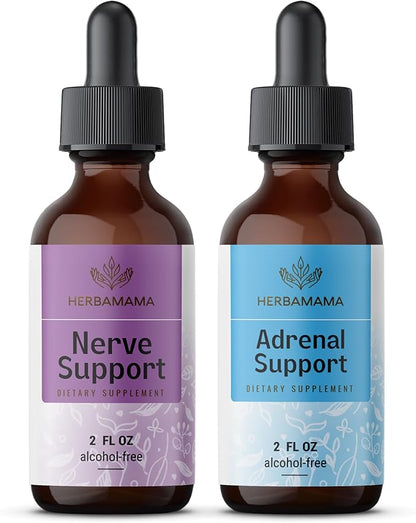 HERBAMAMA Herbal Liquid Drops Kit - Bundle of Nerve Support & Adrenal Support Liquid Complex Drops 2 fl oz - Vegan, Non-GMO, Sugar & Alcohol-Free - 2 Pack