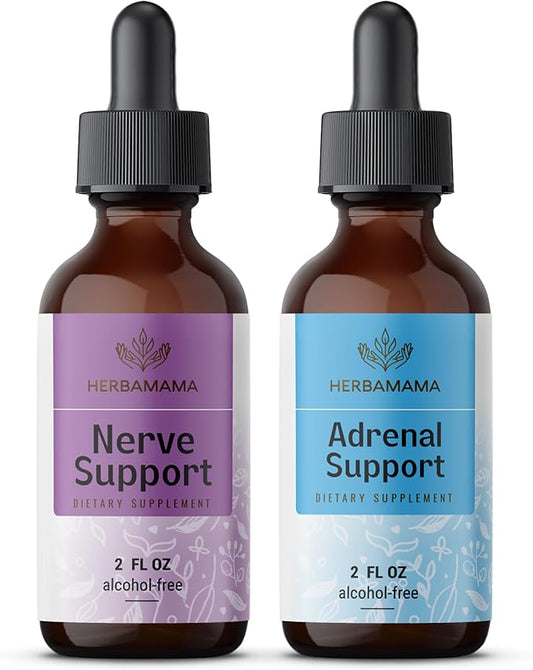 HERBAMAMA Herbal Liquid Drops Kit - Bundle of Nerve Support & Adrenal Support Liquid Complex Drops 2 fl oz - Vegan, Non-GMO, Sugar & Alcohol-Free - 2 Pack