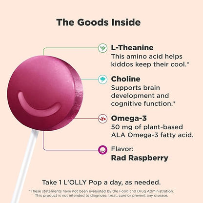 OLLY Mellow Buddies L’OLLY Pops, Omega-3 ALA, L-Theanine, Choline, Kids Dietary Supplement Lollipops, Supports a Calm Mood & Healthy Brain Function, Vegetarian, Raspberry Flavored, 25 Count