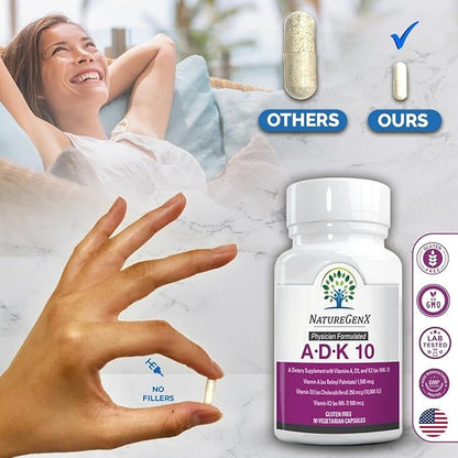 ADK 10 Supplement - Potent A, K2 & D3 Vitamin Supplement 10000 IU for Bone, Heart & Immune Support - 90 Count Easy-to-Swallow Vitamin ADK Supplement Capsules (3 Month Supply)