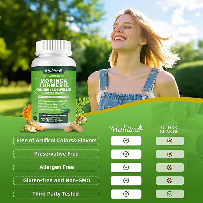 Moringa Capsules Organic 1000mg, 7-in-1 Superfood with Turmeric, Ginger, Elderberry, Licorice & Boswellia - Support Immune, Skin, Gut & Antioxidant-Non-GMO, GMP, 120 Vegan Capsules, 2 Months Supply