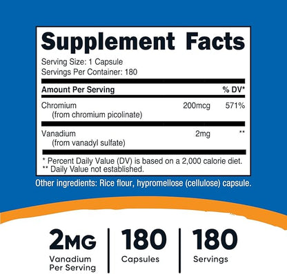 Nutricost Vanadium + Chromium 2mg 180 Vegetarian Capsules - Gluten Free, Non-GMO - Vanadium Supplement