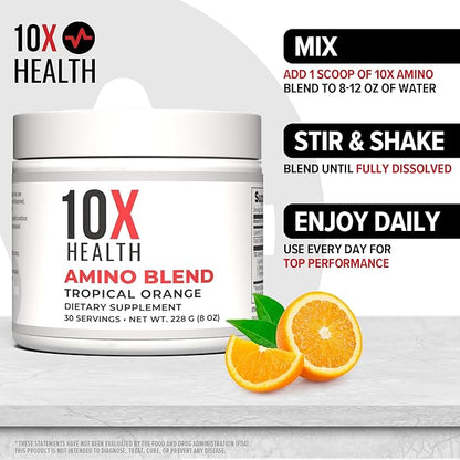 10X Health Amino Blend Tropical Orange - Contains EAA and BCAA Amino Acids Supplement - Essential Amino Acids Powder for Men and Women, Pre and Post-Workout Amino Energy Boost - 30 Servings
