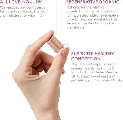 Prenatal Vitamins with DHA - Whole Food Vitamins with Folate, Probiotics and Regenerative Organic Ingredients, Without Iron, Without Iodine, Bump It Up, 30 Servings
