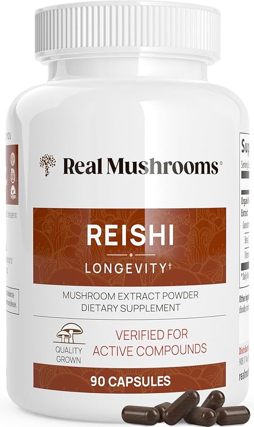 Real Mushrooms Reishi Capsules - Organic Mushroom Extract Supplement with Potent Red Vegan Supplement, Non-GMO, 90 Caps