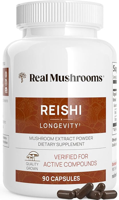 Real Mushrooms Reishi Capsules - Organic Mushroom Extract Supplement with Potent Red Vegan Supplement, Non-GMO, 90 Caps