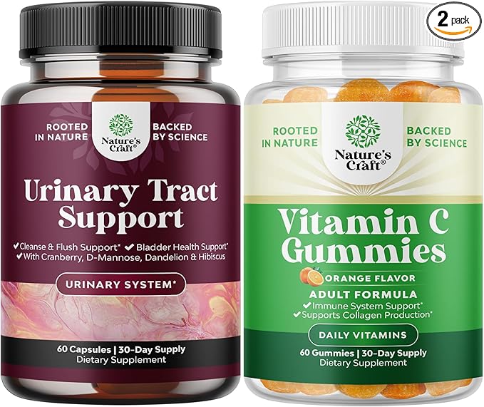 Bundle of D Mannose Capsules for Urinary Tract Health for Women Fast Acting Super Concentrated Cranberry 60ct and Chewable Vitamin C Gummies for Adults - Ascorbic Acid Natural Vitamin C Gummy Immune