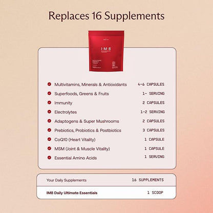 Daily Ultimate Essentials All-in-1 Multivitamin Supplement, 92 Nutrient Rich Ingredients CoQ10, Probiotics, Vitamins, Greens, GF, Acai Mixed Berry (30 Servings, Refill Pouch - Scoop NOT Included)