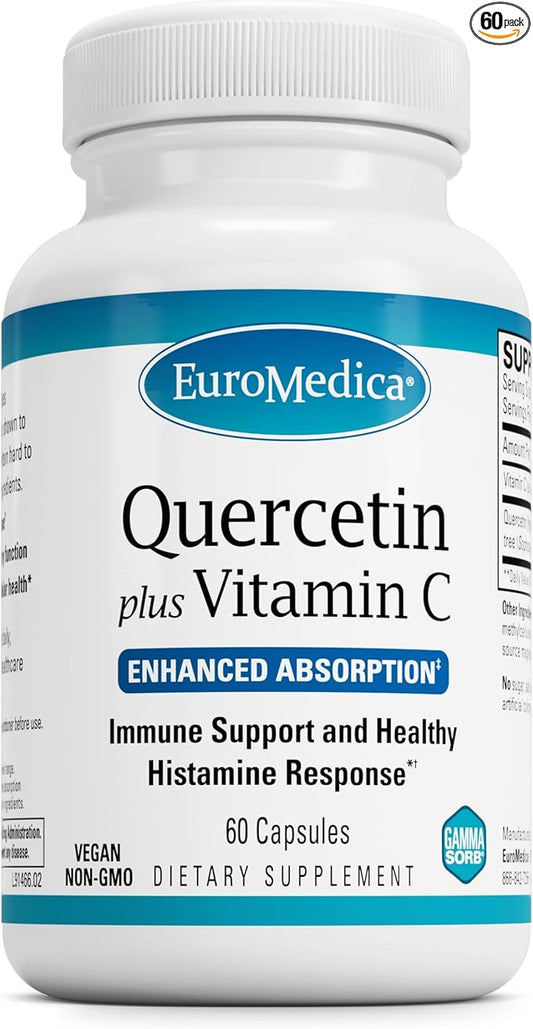 Euromedica Quercetin Plus Vitamin C - Supports Healthy Histamine Response & Respiratory Health - Dietary Supplement for Immune Function Support & Cellular Health - 60 Capsules (60 Servings)
