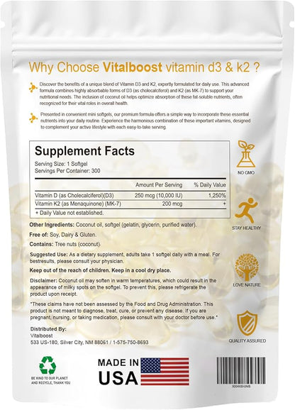 New VitalBoost D3 K2, Vital Boost Vitamin D3 K2 Supplement Softgels, D3 K2 Vitamin 10000 Iu 300 Softgels/Pack