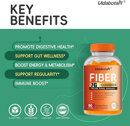 Sugar Free Prebiotic Fiber Gummies for Adult-7G Fiber–Fiber Supplement with Inulin, Probiotic, Vitamins for Digestive & Gut Health and Regularity Support, Orange Flavor, 180 Gummies(Pack of 2)