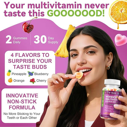 Sugar Free Multivitamin for Women 14+ with Iron, Mixed Flavors Womens Multivitamin Gummies w/ Alpha Lipoic Acid, D3 K2, B12, B6, for Daily Nutritional Support| Immune Support| Skin Health, 60 Cts