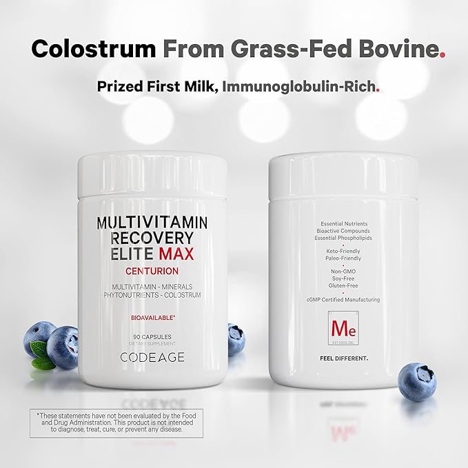 Codeage Multivitamin Recovery Elite Max Supplement - Vitamins A, C, D, E, B-Complex, Essential Minerals, Antioxidants, Colostrum, Phytonutrients, Pantethine, Non-GMO, Sport Multivitamins - 90 Capsules