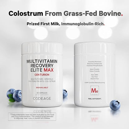 Codeage Multivitamin Recovery Elite Max Supplement - Vitamins A, C, D, E, B-Complex, Essential Minerals, Antioxidants, Colostrum, Phytonutrients, Pantethine, Non-GMO, Sport Multivitamins - 90 Capsules