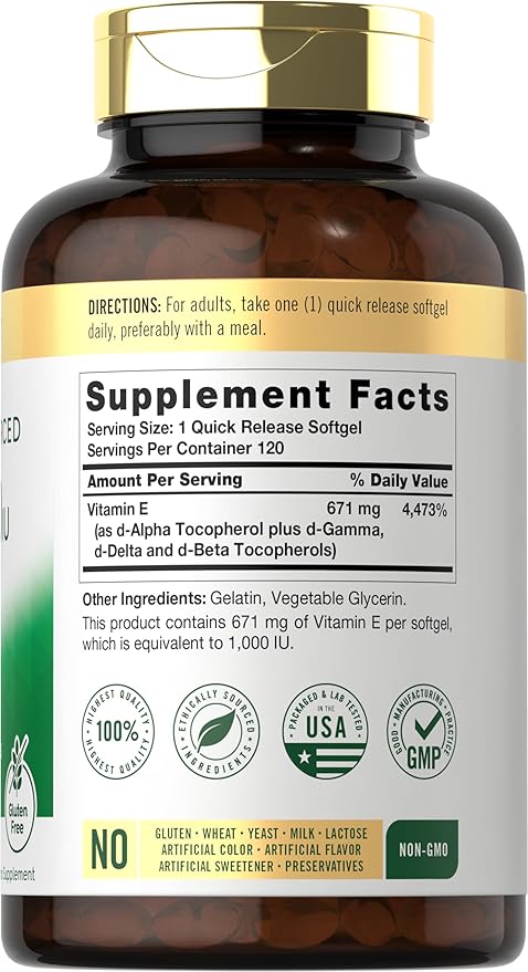 Carlyle Vitamin E with Mixed Tocopherols | 1000 IU | 120 Softgels | Naturally Sourced Supplement | Non-GMO and Gluten Free Formula