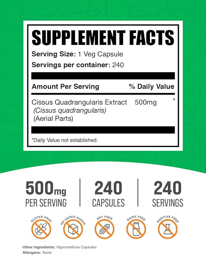 BulkSupplements.com Cissus Quadrangularis Extract Capsules - Cissus Quadrangularis Supplement - Gluten Free, 1 Capsule per Serving, 240 Veg Capsules (Pack of 1)