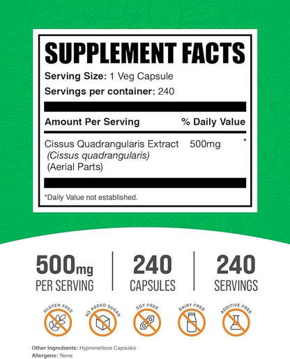 BulkSupplements.com Cissus Quadrangularis Extract Capsules - Cissus Quadrangularis Supplement - Gluten Free, 1 Capsule per Serving, 240 Veg Capsules (Pack of 1)