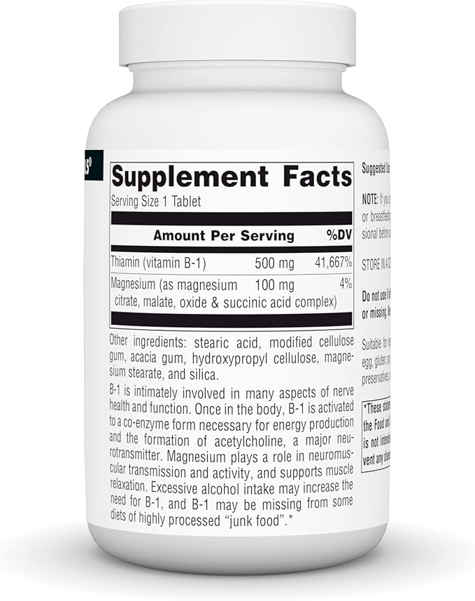 Source Naturals Vitamin B-1 Thiamin 500mg High Potency, 100% Pure - 100 Tablets