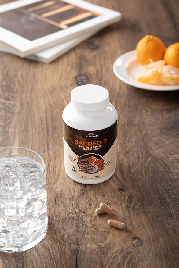 Naturealm Sacred 7 Organic Mushroom Extract Capsules - Premium 7 Mushroom Complex with Lions Mane, Reishi, Chaga - USDA Organic Immune Support & Focus - 180 Vegetarian Capsules