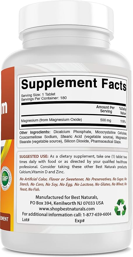 Best Naturals Magnesium oxide 500 mg 180 tablets