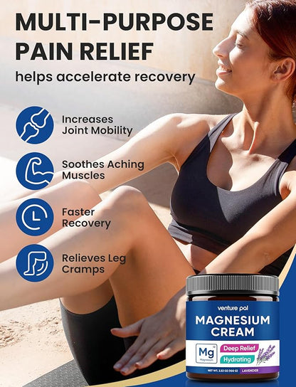 Venture Pal Magnesium Lotion, Topical Magnesium Cream for Sleep, Leg Cramps & Pain, Muscle Relaxation, Calm, Moisturizing Supplement with Coconut Oil, Shea Butter & Hyaluronic Acid, Safe for Kids