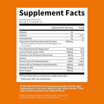 Magnesium Glycinate Gummies 1000mg - Sugar Free Magnesium Potassium Supplement with Vitamin D, B6, CoQ10 for Calm Mood & Sleep Support - 120 Orange Gummies -2 Pack