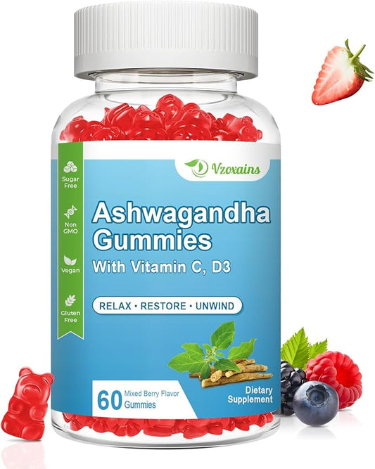 2 Pack Ashwagandha Gummies & Vitamin D Gummies for Women & Men - with Vitamin C for Support Calm Mood, Relaxation & Immune, Mixed Berry 60 Cts