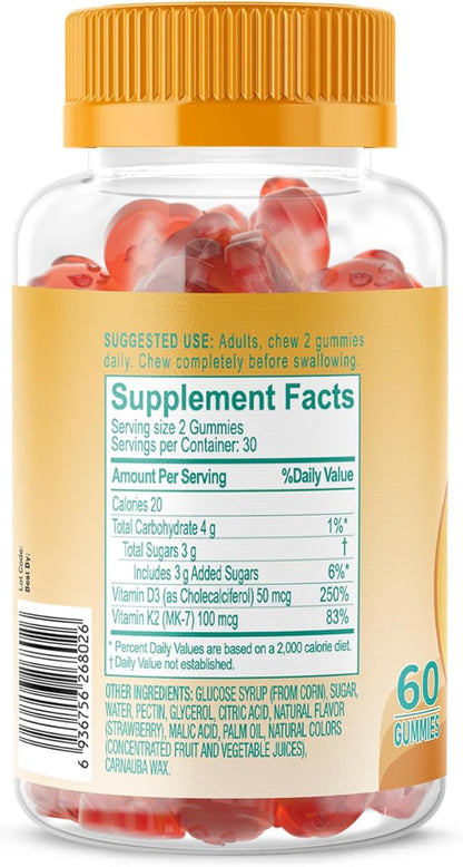 Natural Vitamin D3 K2 Gummies, 2000 IU Vitamin D3 & 100 mcg Vitamin K2,Supports Healthy Bone, Immune Health Supplement, GMO Free, Gluten Free (Strawberry, 60 Count)