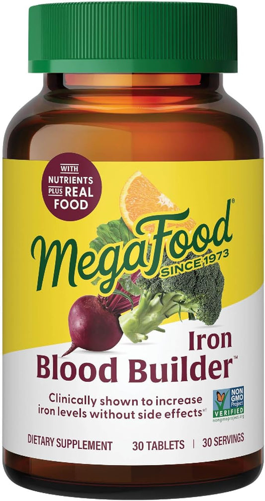 MegaFood Blood Builder Iron Supplement Clinically Shown to Increase Iron Levels Without Side Effects, Vegan Supplement for Women with Vitamin C, Vitamin B12 & Folic Acid, 30 Tablets
