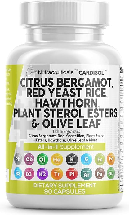 Clean Nutraceuticals Citrus Bergamot Red Yeast Rice Capsules with Plant Sterols - with Hawthorn Extract Olive Leaf Niacin Vitamin K3 D3 COQ10 Guggul & More