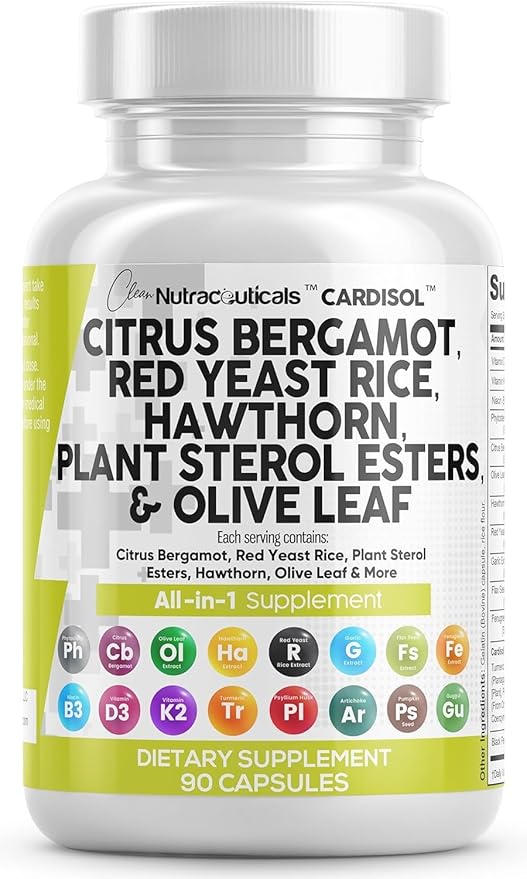 Clean Nutraceuticals Citrus Bergamot Red Yeast Rice Capsules with Plant Sterols - with Hawthorn Extract Olive Leaf Niacin Vitamin K3 D3 COQ10 Guggul & More