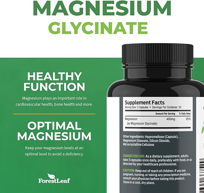 Pure Magnesium Glycinate 400mg Serving - High Absorption Magnesium Glycinate - Mag Bisglycinate for Stress, Bones, Muscles, Nerves, Relaxation & Heart Healt - 90 Capsules