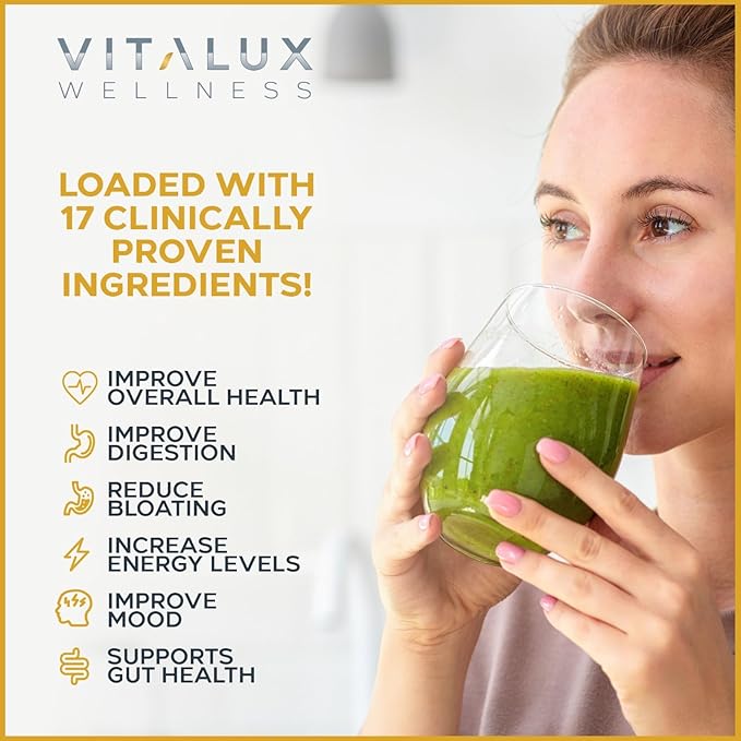 VITALUX || #1 Rated Premium Greens & Reds Superfood Powder || Immune Function, Added Antioxidants, Loaded w/ Digestive Enzymes | 17 Powerful Ingredients | 3rd Party Tested, Vegan + USA Made - 28 Days