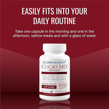 Approved Science® CoQ10 MD - Extra Strength 250mg Pure CoQ10 with BioPerine® for Faster Absorption - Optimal Support – 60 Vegan Capsules