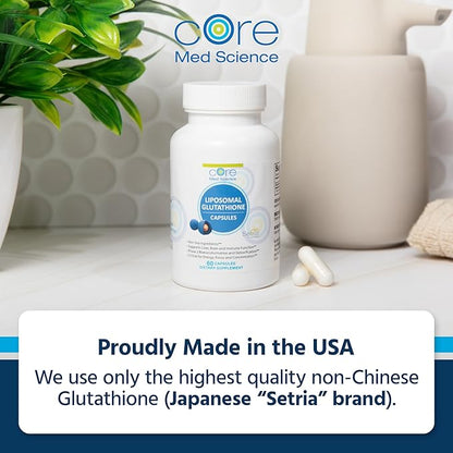 Core Med Science Liposomal Glutathione Supplement (500mg, 60 Capsules) - Pure Reduced Setria with Phospholipid Complex - Antioxidant Supplement for Energy, Brain Health, Skin & Liver Health