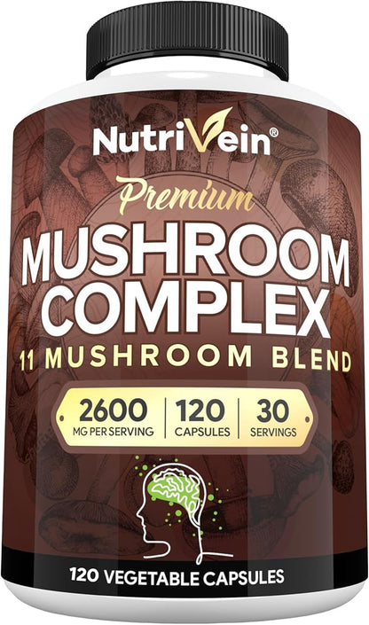 Nutrivein Premium Mushroom Supplement 2600 mg- Bottle 120 Capsules- 11 Nootropic Mushroom Complex - Lion's Mane, Cordyceps, Chaga, Reishi, Turkey Tail,Maitake,Shiitake, Agaricus, White Button, Oyster
