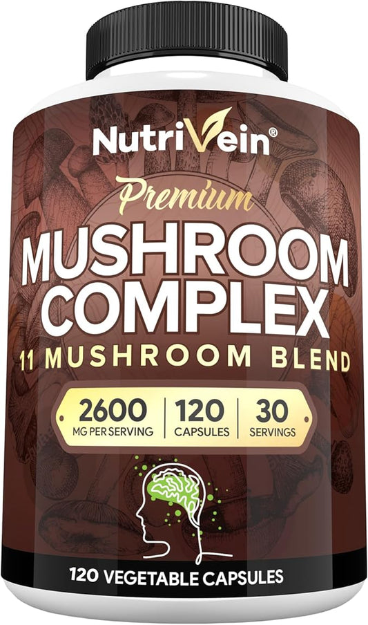 Nutrivein Premium Mushroom Supplement 2600 mg- Bottle 120 Capsules- 11 Nootropic Mushroom Complex - Lion's Mane, Cordyceps, Chaga, Reishi, Turkey Tail,Maitake,Shiitake, Agaricus, White Button, Oyster