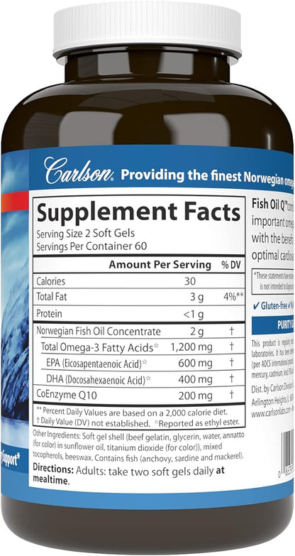 Carlson - Fish Oil Q, 1200 mg Omega-3s 200 mg CoQ10, Function, Energy Production & Circulatory Support, 120 Softgels