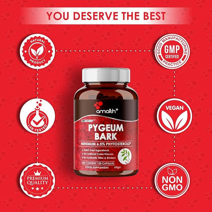Amalth Pygeum Bark Extract Powder Higher Potency (6.5% phytosterols) Supports Urinary Tract & Prostate Health Men Herbal Supplements 120 Capsules (Non –GMO)
