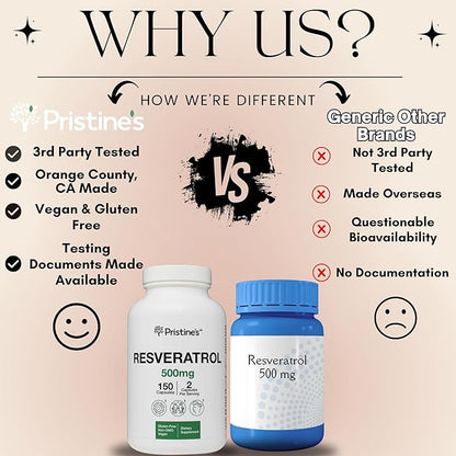 PRISTINE'S Resveratrol 500MG 75 Day Supply Anti Aging Antioxidant & Heart Health Supplement Capsules - Brain & Lung Health Benefits