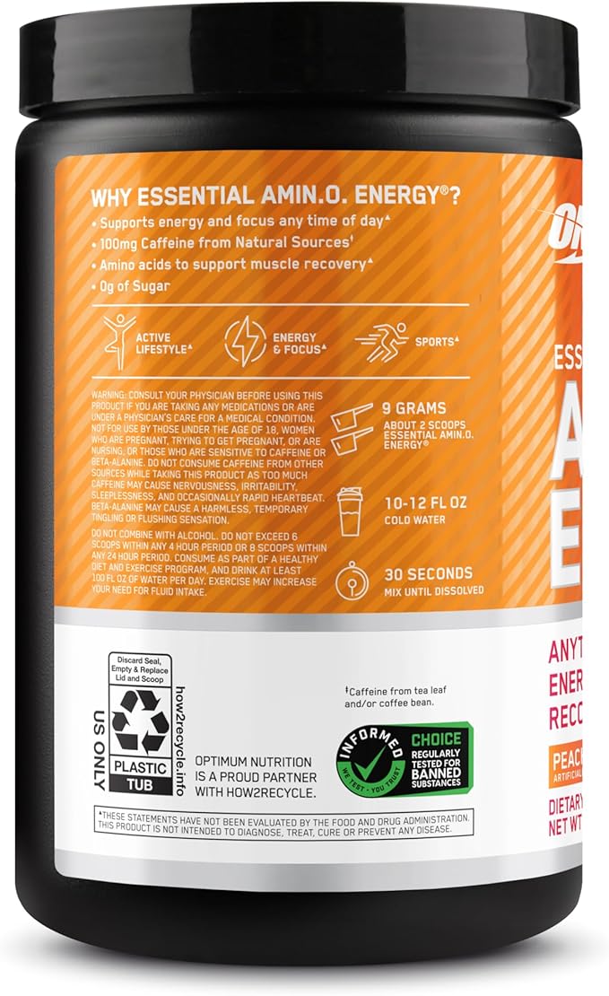 Optimum Nutrition New Flavor Amino Energy - Pre Workout with Green Tea, BCAA, Amino Acids, Keto Friendly, Green Coffee Extract, Energy Powder - Peach Mango Tango, 30 Servings (Packaging May Vary)
