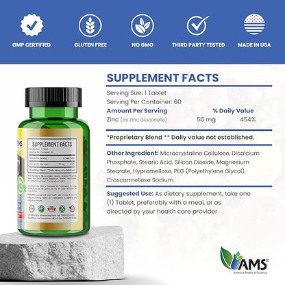 America Medic & Science Chelated Zinc 50 mg Supplements (5 Pack of 60 Tablets) Immune Booster and Powerful Antioxidant Pills for Adults Men and Women | Highly Absorbable Mineral, Improves Mood & Sleep