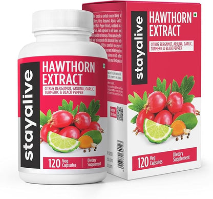 STAY ALIVE Extra Strength Hawthorn Berry Capsules, 20:1 Extract, 6-in-1 Antioxidant w/Citrus Bergamot, Turmeric Root Powder, Garlic, Arjuna & Black Pepper, 120 Vegan Pills, Hawthorne Berry Supplement