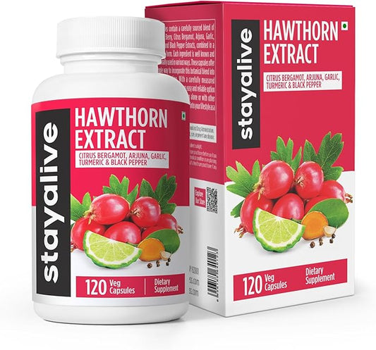STAY ALIVE Extra Strength Hawthorn Berry Capsules, 20:1 Extract, 6-in-1 Antioxidant w/Citrus Bergamot, Turmeric Root Powder, Garlic, Arjuna & Black Pepper, 120 Vegan Pills, Hawthorne Berry Supplement